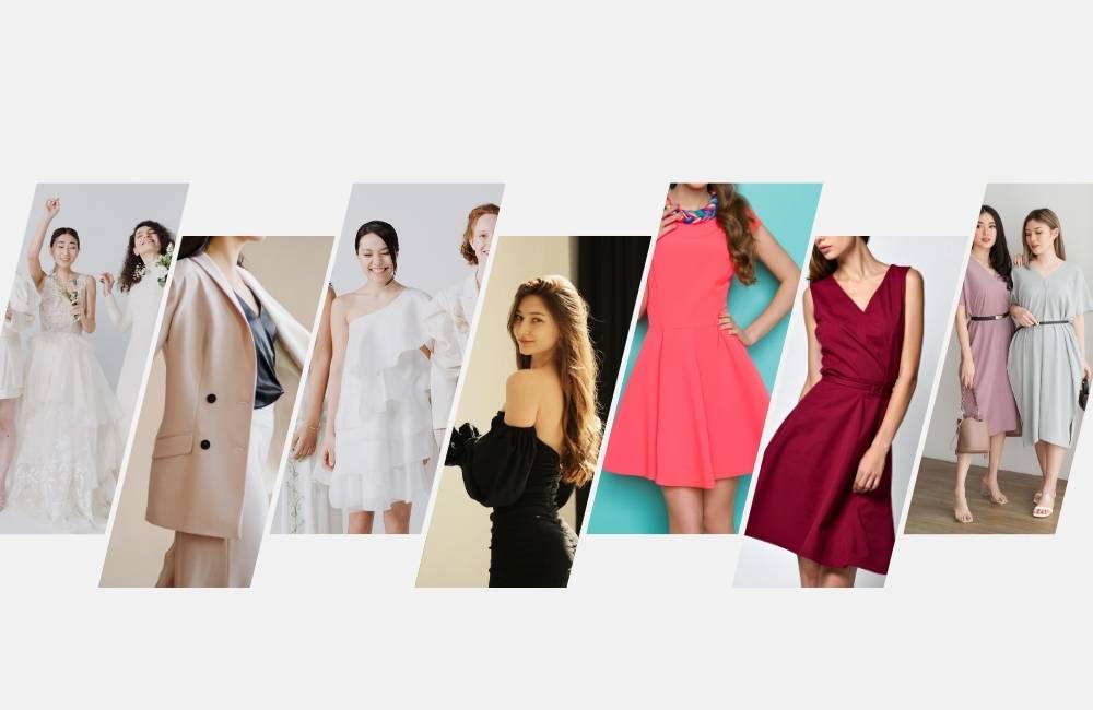 結婚式や二次会など、それぞれのシーンに合わせた様々なデザインやカラーのドレスが、複数のパネルに分かれてコラージュされている様子です。